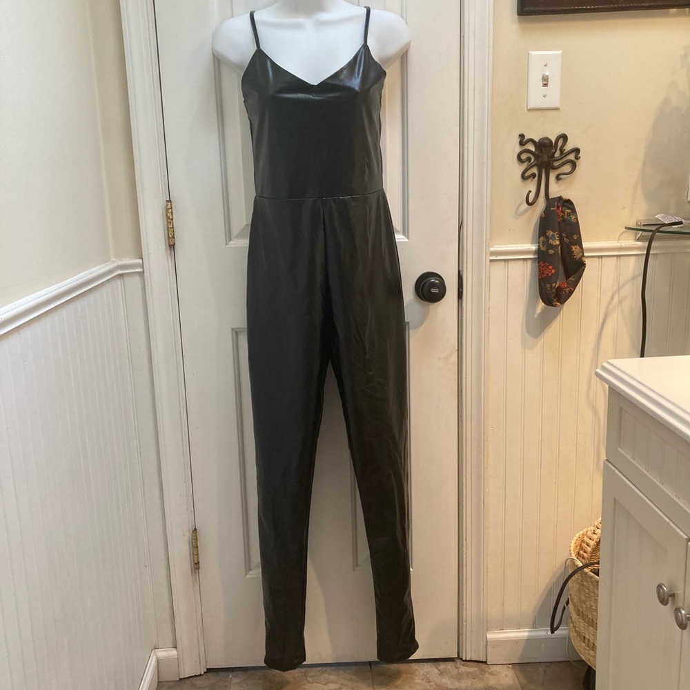 Never worn fitted wet look spaghetti strap jump suit